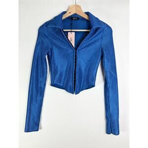 Micas Blue Textured Metallic Collared Hook & Eye Long Sleeve Blouse S NWT